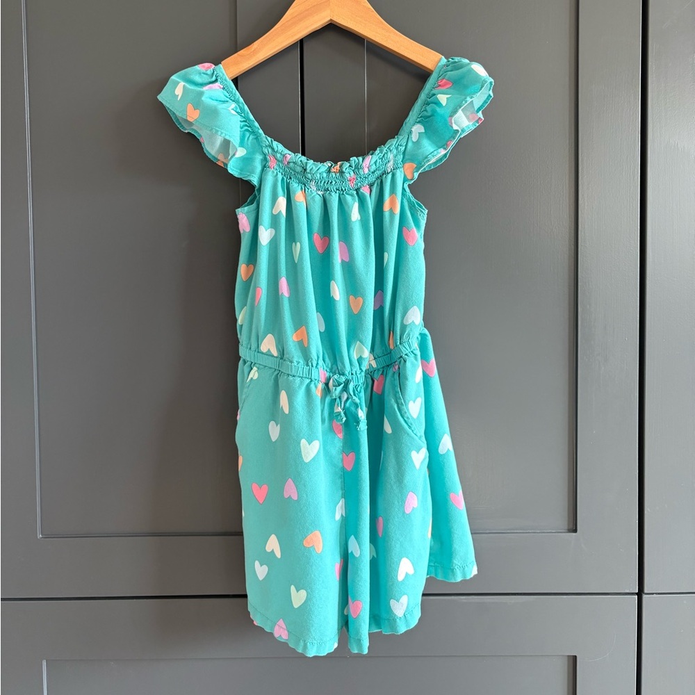 Cat & Jack Turquoise Romper with Multicolor Hearts
